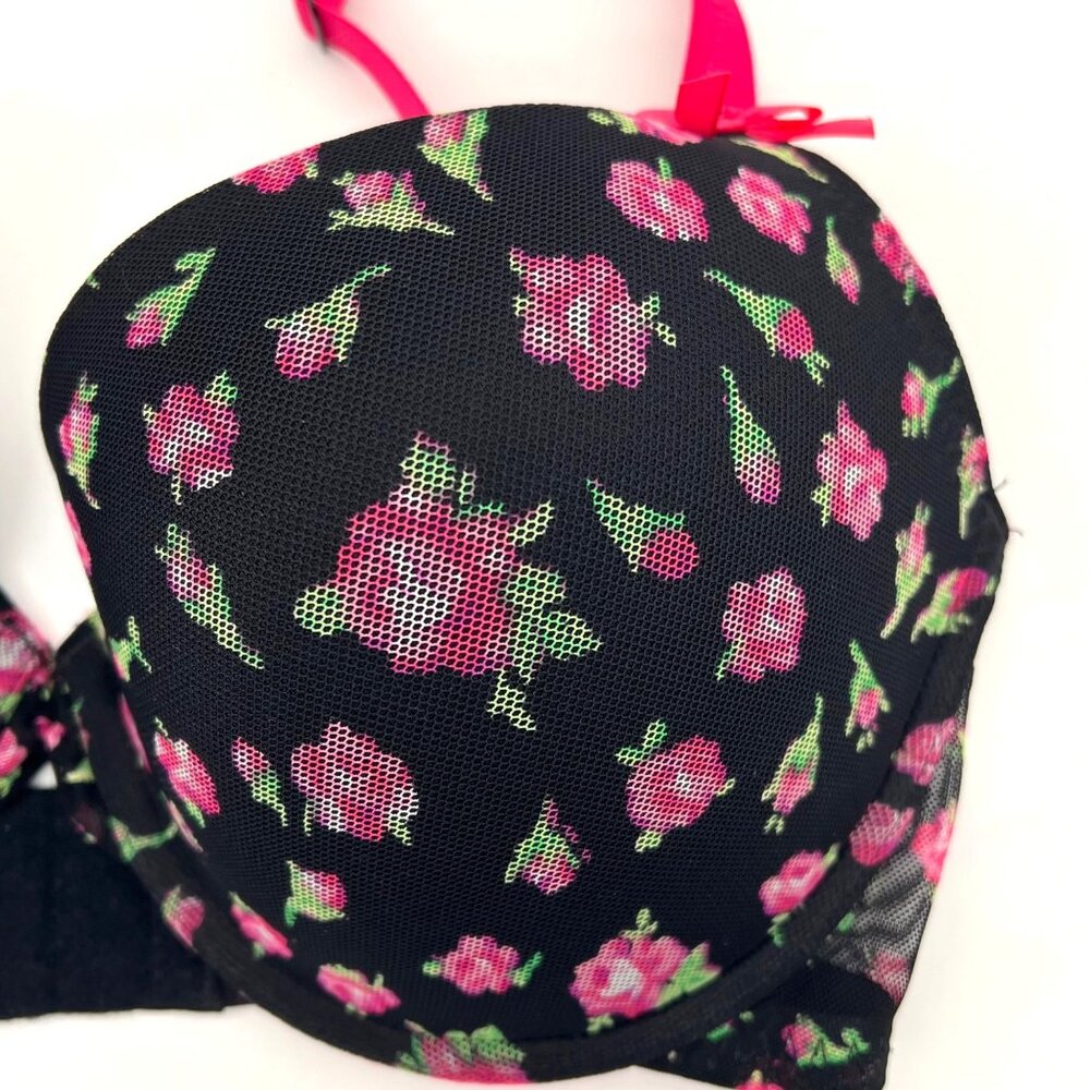 Betsey Johnson Intimates Black Bra Lingerie With Pink Floral Rose Pattern 32DD - Picture 5 of 12